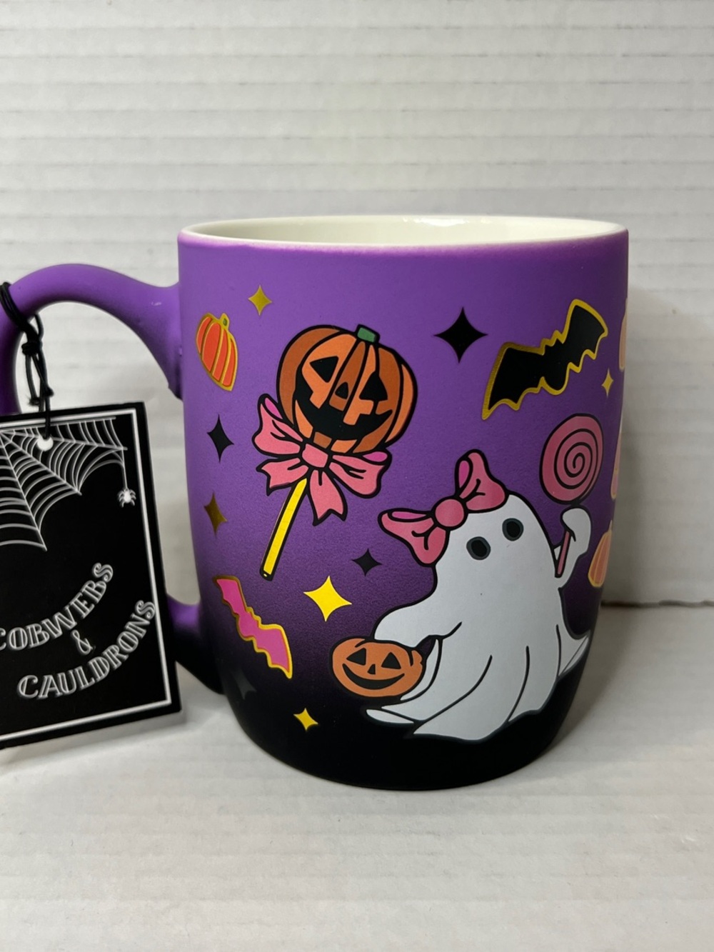 Cobwebs & Cauldrons Halloween Matt Purple Ombré Ghost Pumpkin Candy Mug New
